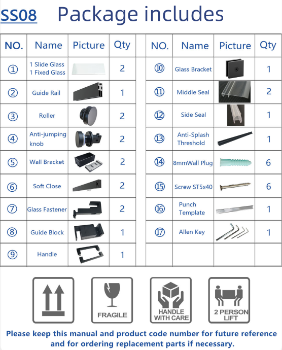 MCOCOD SS08 Soft-Closing Single Sliding Frameless Shower Door, Packaging Parts Details