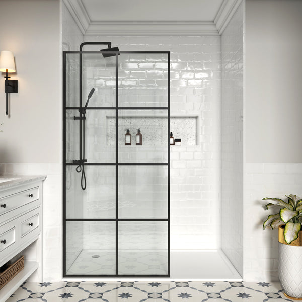 French Fixed Screen Shower Door in Matte Black with Grid Glass - W01C